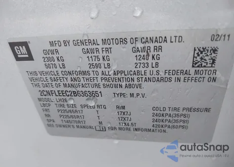 2011 Chevrolet Equinox 1Lt z USA, uszkodzony, nr VIN 2CNFLEEC2B6363651